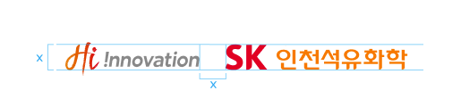 Hi !nnovation 통합 서브 Brand와 SK인천석유화학(행복날개 없는 국문로고) 조합 규정 예시 이미지 (Hi의 ‘H’ 왼쪽 세로 길이와 SK의 세로 길이를 동일한 크기인 X로 조합할 때, 사이 간격은 X로 조합합니다.)